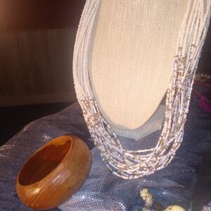 18 strand Mini beads 25 inch necklace with vintage carved wooden wide Bracelet.